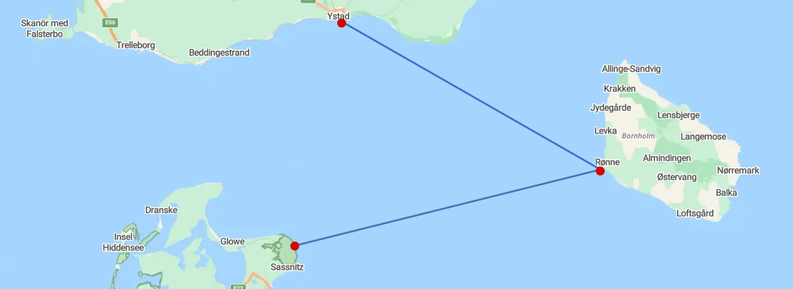 Karte der Fährverbindungen nach Bornholm
